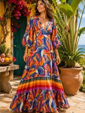 Farm Rio Toucan Tropical Print Plunge Maxi Dress Balloon Sleeve S